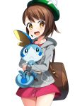  1girl :d bangs brown_bag brown_hair collarbone cowboy_shot eyebrows_visible_through_hair female_protagonist_(pokemon_swsh) gen_8_pokemon green_headwear grey_cardigan holding holding_poke_ball hooded_cardigan long_sleeves looking_at_viewer miniskirt open_mouth poke_ball pokemon pokemon_(creature) pokemon_(game) pokemon_swsh red_skirt short_hair simple_background skirt smile sobble solo standing swept_bangs white_background yellow_eyes yuihiko 