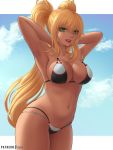  1girl armpits arms_behind_back artist_name bikini blonde_hair blue_sky breasts cleavage cloud collarbone commentary_request cowboy_shot danberu_nan_kiro_moteru? dark_skin day ganguro green_eyes highres large_breasts leaning_forward lips long_hair micro_bikini navel open_mouth sakura_hibiki_(danberu_nan_kiro_moteru?) sideboob sidelocks signature skindentation sky solo swimsuit tan thighs twintails very_long_hair zaphn 