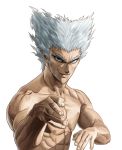  1boy closed_mouth collarbone garou_(one-punch_man) grey_eyes heterochromia highres looking_at_viewer male_focus manly muscle one-punch_man red_eyes silver_hair simple_background smile solo stance taka_(takahirokun) white_background 