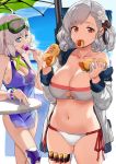  2girls aa-12_(girls_frontline) ahoge aqua_eyes bags_under_eyes beach_umbrella bikini bracelet breasts candy cleavage collarbone commentary criss-cross_halter curly_hair curvy eating feet_out_of_frame flower food food_in_mouth girls_frontline grey_hair gun hair_flower hair_ornament halterneck headwear hews_hack highres hot_dog jewelry knee_pads large_breasts licking lollipop looking_at_viewer medium_breasts medium_hair multiple_girls navel platinum_blonde_hair red_eyes shotgun shotgun_shells side-tie_bikini spas-12 spas-12_(girls_frontline) standing stomach swimsuit table thighs tongue tongue_out umbrella weapon wet 