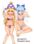  2girls american_flag_bikini arm_up artist_name ass bandeau bangs bare_arms bare_legs bare_shoulders barefoot bikini blonde_hair blue_bikini blue_bow blue_eyes blue_hair bow breasts cameltoe cirno clownpiece commentary_request eyebrows_visible_through_hair fairy_wings feet_out_of_frame flag_print grin groin hair_between_eyes hair_bow hat highres ice ice_wings jester_cap knee_up long_hair looking_at_viewer multiple_girls navel one_eye_closed open_mouth ougi_hina polka_dot polka_dot_hat purple_eyes purple_headwear red_bikini short_hair sidelocks sitting small_breasts smile standing star star_print stomach strapless strapless_bikini striped striped_bikini swimsuit tan thighs touhou twitter_username very_long_hair w white_bikini wings 