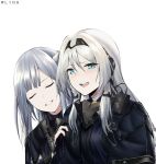  2girls :d ak-12_(girls_frontline) an-94_(girls_frontline) bangs blue_eyes blush braid breasts closed_eyes eyebrows_visible_through_hair french_braid gas_mask girls_frontline gloves grey_hair hair_ornament hair_ribbon hairband highres jacket long_hair long_sleeves looking_at_viewer medium_breasts multiple_girls open_mouth parted_lips partly_fingerless_gloves ribbon sidelocks silver_hair simple_background smile tress_ribbon twitter_username user_rggp2733 very_long_hair white_background 