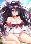 1girl antenna_hair azur_lane bangs bare_legs bare_shoulders barefoot black_hair blue_sky blush breasts cleavage closed_mouth cloud cloudy_sky commentary creature day eyebrows_visible_through_hair gradient_hair hair_between_eyes highres horns i-168_(azur_lane) long_hair long_sleeves looking_at_viewer medium_breasts multicolored_hair neckerchief off_shoulder old_school_swimsuit one-piece_swimsuit outdoors purple_hair red_eyes red_neckwear ryara_vivi school_swimsuit school_swimsuit_flap sitting sky smile solo swimsuit two_side_up very_long_hair wariza white_swimsuit 