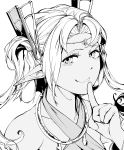  1girl closed_mouth collarbone commentary_request dark_skin greyscale highres hiyuu_(flying_bear) index_finger_raised jewelry looking_at_viewer minerva_(rune_factory) monochrome pointy_ears rune_factory smile twintails upper_body 