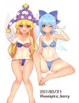  2girls american_flag_bikini arm_up artist_name ass bandeau bangs bare_arms bare_legs bare_shoulders barefoot bikini blonde_hair blue_bikini blue_bow blue_eyes blue_hair bow breasts cameltoe cirno clownpiece commentary_request eyebrows_visible_through_hair fairy_wings feet_out_of_frame flag_print grin groin hair_between_eyes hair_bow hat highres ice ice_wings jester_cap knee_up long_hair looking_at_viewer multiple_girls navel one_eye_closed open_mouth ougi_hina polka_dot polka_dot_hat purple_eyes purple_headwear red_bikini short_hair sidelocks sitting small_breasts smile standing star star_print stomach strapless strapless_bikini striped striped_bikini swimsuit tan tanline thighs touhou twitter_username very_long_hair w white_bikini wings 