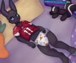  2017 anthro arizona_cardinals bed black_fur blue_eyes diaper eyewear football_jersey fur glasses hand_on_hip lagomorph leporid looking_at_viewer lying male mammal mephitid nfl on_back pillow plushie rabbit skunk solo zombineko 