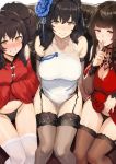  3girls alternate_costume bangs black_hair black_panties blunt_bangs blush breasts brown_eyes brown_hair brown_legwear china_dress chinese_clothes cleavage closed_mouth detached_sleeves double_bun dress dress_lift dsr-50_(girls_frontline) eyebrows_visible_through_hair flower girls_frontline gloves hair_between_eyes hair_flower hair_ornament hair_ribbon hairband hews_hack highres large_breasts lifted_by_self long_hair looking_at_viewer multiple_girls panties qbz-95_(girls_frontline) qbz-97_(girls_frontline) red_dress red_eyes ribbon side-tie_panties sidelocks sitting skindentation smile solo sweat thighhighs thighs underwear very_long_hair white_dress white_hairband white_legwear yellow_eyes 