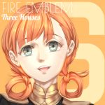  1girl annette_fantine_dominique blue_eyes copyright_name eggsding fire_emblem fire_emblem:_three_houses looking_at_viewer open_mouth orange_background orange_hair solo teeth twintails 