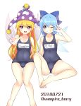  2girls arm_up artist_name ass bangs bare_arms bare_legs bare_shoulders barefoot blonde_hair blue_bow blue_eyes blue_hair blue_swimsuit bow breasts cameltoe character_name cirno clownpiece commentary_request covered_navel eyebrows_visible_through_hair fairy_wings feet_out_of_frame grin hair_between_eyes hair_bow hat highres ice ice_wings jester_cap knee_up long_hair looking_at_viewer multiple_girls name_tag one-piece_swimsuit one_eye_closed open_mouth ougi_hina polka_dot polka_dot_hat purple_eyes purple_headwear school_swimsuit short_hair sidelocks sitting small_breasts smile standing swimsuit thighs touhou translated twitter_username very_long_hair w wings 