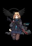  1girl absurdres animal_ears arknights benelli_m1014 black_background blonde_hair commentary doge gloves gun highres holding holding_gun holding_weapon laser_sight necktie original shoe_removed shotgun single_knee_pad sitting solo twintails wariza weapon yakumo_ling 