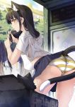  1girl absurdres animal animal_ear_fluff animal_ears ass bangs black_cat black_hair black_skirt blue_sky blunt_bangs blush breasts building bus_stop cat cat_ears cat_tail cloud cloudy_sky commentary day eyebrows_visible_through_hair highres jie_laite long_hair looking_at_viewer looking_back miniskirt original outdoors panties pantyshot pantyshot_(standing) parted_lips pleated_skirt rain school_uniform see-through shirt short_sleeves skirt sky solo standing striped striped_panties tail tail_cutout tree underwear upskirt wet wet_clothes wet_hair wet_shirt yellow_eyes 