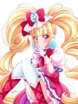  1girl aisaki_emiru bangs blonde_hair blunt_bangs bow closed_mouth commentary_request cure_macherie eyebrows_visible_through_hair gloves hair_bow highres hugtto!_precure long_hair looking_at_viewer magical_girl pink_gloves precure puffy_short_sleeves puffy_sleeves red_bow red_eyes s-operator short_sleeves simple_background smile solo thighhighs thighs twintails very_long_hair white_background white_legwear 