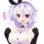  +++ 1girl :d ahoge azur_lane bangs bare_shoulders black_gloves black_hairband black_ribbon blush collared_shirt commentary_request covered_nipples dress_shirt elbow_gloves eyebrows_visible_through_hair fang fur-trimmed_gloves fur_trim gloves hair_between_eyes hair_ribbon hairband heart highres kent_(azur_lane) no_bra one_side_up open_mouth red_eyes ribbon shirt silver_hair simple_background sleeveless sleeveless_shirt smile solo translation_request upper_body v-shaped_eyebrows watarui white_background white_shirt 