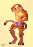  abs anthro armpit_hair biceps big_bulge big_pecs biped bulge butt clothed clothing digital_media_(artwork) felid feline hi_res male mammal muscular muscular_male muscular_thighs nipples pantherine pecs solo spedumon tiger topless 