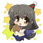  1girl black_legwear blue_skirt brown_eyes brown_footwear brown_hair chibi clannad commentary_request full_body hat hikarizaka_private_high_school_uniform ibuki_fuuko ikeda_jun_(aquaqua) loafers long_hair looking_at_viewer low-tied_long_hair pantyhose party_hat sailor_collar school_uniform shoes skirt smile solo star starfish starry_background white_background white_sailor_collar 