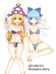  2girls american_flag_bikini arm_up artist_name ass bandeau bangs bare_arms bare_legs bare_shoulders barefoot bikini blonde_hair blue_bikini blue_bow blue_eyes blue_hair bow breasts cameltoe cirno clownpiece commentary_request eyebrows_visible_through_hair fairy_wings feet_out_of_frame flag_print grin groin hair_between_eyes hair_bow hat highres ice ice_wings jester_cap knee_up long_hair looking_at_viewer multiple_girls navel one_eye_closed open_mouth ougi_hina polka_dot polka_dot_hat purple_eyes purple_headwear red_bikini short_hair sidelocks sitting small_breasts smile standing star star_print stomach strapless strapless_bikini striped striped_bikini swimsuit thighs touhou twitter_username very_long_hair w white_bikini wings 