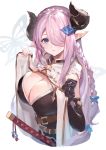  1girl asymmetrical_gloves belt black_gloves blue_eyes braid breasts bug butterfly cleavage commentary_request draph elbow_gloves fingerless_gloves gloves granblue_fantasy hair_ornament hair_over_one_eye hairclip highres horns insect jacket katana large_breasts lavender_hair long_hair low_tied_hair narmaya_(granblue_fantasy) open_clothes open_jacket oyu_(sijimisizimi) pointy_ears single_braid sleeveless solo sword upper_body very_long_hair weapon white_background 