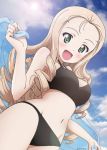  1girl artist_name bikini black_bikini blonde_hair blue_sky blue_towel cloud commentary_request cowboy_shot day drill_hair from_below girls_und_panzer green_eyes kanau long_hair looking_at_viewer marie_(girls_und_panzer) open_mouth outdoors side-tie_bikini sky smile solo swimsuit towel 