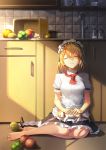  1girl apron bangs barefoot blonde_hair blush braid breasts cat dress eyebrows_visible_through_hair g36_(girls_frontline) girls_frontline gloves hair_between_eyes indoors kitchen long_hair maid maid_apron maid_headdress medium_breasts no_shoes on_floor sidelocks sitting smile solo very_long_hair vikpie yokozuwari 