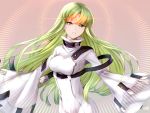  1girl absurdres bodysuit breasts c.c. code_geass covered_navel floating_hair green_hair grey_background highres long_hair long_sleeves looking_at_viewer medium_breasts outstretched_arms parted_lips resuta solo standing very_long_hair white_bodysuit wide_sleeves yellow_eyes 