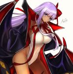  1girl asagik23 bangs bare_shoulders bat_wings bb_(fate)_(all) bb_(swimsuit_mooncancer)_(fate) black_coat breasts closed_mouth coat covered_navel dark_skin fate/grand_order fate_(series) gloves hair_ribbon highleg highleg_leotard large_breasts leotard long_hair long_sleeves looking_at_viewer neck_ribbon open_clothes open_coat popped_collar purple_eyes purple_hair red_ribbon ribbon simple_background smile solo tan thighs vampire_costume very_long_hair white_background white_gloves white_leotard wings 