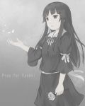  1girl akiyama_mio armband bangs black_dress blunt_bangs commentary cowboy_shot dress english_text flower gradient gradient_background greyscale highres hikari_niji hime_cut k-on! kyoto_animation long_hair monochrome sidelocks solo 