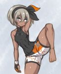  1girl arm_up armpits black_bodysuit black_hairband blue_eyes bodysuit bodysuit_under_clothes breasts covered_navel dark_skin gloves grey_background grey_hair gym_leader hair_between_eyes hairband leg_lift pokemon pokemon_(game) pokemon_swsh saitou_(pokemon) short_hair shorts single_glove small_breasts solo spewing_mews standing standing_on_one_leg thick_thighs thighs toned wide_hips wristband 