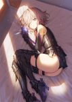  1girl armor armored_dress ass bare_shoulders blush breasts elbow_gloves fate/grand_order fate_(series) faulds gloves hair_over_one_eye high_heels large_breasts lavender_hair leotard lighting looking_at_viewer lying mash_kyrielight on_bed on_side purple_eyes purple_gloves purple_legwear purple_leotard saitou_masatsugu short_hair solo thigh_strap thighhighs thighs 