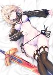  1girl ahoge artoria_pendragon_(all) ass_visible_through_thighs bangs bed_sheet bikini black_jacket black_legwear blonde_hair breasts commentary_request cropped_jacket eyebrows_visible_through_hair fal_maro fate/grand_order fate_(series) glasses highres jacket long_sleeves looking_at_viewer lying medium_breasts mysterious_heroine_x_(alter) navel on_back open_mouth red-framed_eyewear shiny shiny_hair short_hair side-tie_bikini solo stomach swimsuit sword thighhighs weapon yellow_eyes zipper zipper_pull_tab 