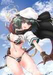  1girl absurdres animal_print bikini blue_sky breasts brown_gloves cape cloud cowboy_shot cutlass dated day eyepatch gloves green_eyes green_hair hat highres kantai_collection kiso_(kantai_collection) looking_at_viewer medium_breasts muzzuleflash navel outdoors remodel_(kantai_collection) sailor_hat short_hair side-tie_bikini sky smile solo standing swimsuit tiger_print translation_request twitter_username white_headwear 