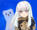  1girl animal artist_request bangs closed_mouth epaulettes fire_emblem fire_emblem:_three_houses jacket long_hair long_sleeves looking_at_viewer lysithea_von_cordelia pink_eyes purple_eyes simple_background solo uniform upper_body white_background white_hair 