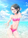  1girl :d bangs bikini black_eyes black_hair blue_sky boruto:_naruto_next_generations breasts cleavage cloud collarbone contrapposto cowboy_shot day eyebrows_visible_through_hair glasses hand_in_hair highres lens_flare looking_at_viewer naruto_(series) navel ocean onenechan open_mouth outdoors parted_bangs pink_bikini red-framed_eyewear shiny shiny_hair short_hair sky small_breasts smile solo standing strapless strapless_bikini sunlight swimsuit uchiha_sarada wading 