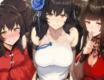  anthropomorphism black_hair blush breasts brown_eyes brown_hair chinese_clothes chinese_dress cleavage cropped dsr-50_(girls_frontline) elbow_gloves garter_belt girls_frontline gloves hewsack long_hair qbz-95_(girls_frontline) qbz-97_(girls_frontline) red_eyes yellow_eyes 