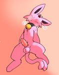  2019 animal_genitalia balls bodily_fluids breath eeveelution erection espeon fur genital_fluids hi_res male miau nintendo nude penis pok&eacute;mon pok&eacute;mon_(species) precum purple_fur red_penis simple_background solo video_games 