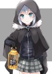  1girl absurdres add_(lord_el-melloi_ii) birdcage black_cloak black_gloves blush cage cape cloak closed_mouth creature cube eyebrows_visible_through_hair fate_(series) fur-trimmed_cloak fur_trim gloves gray_(lord_el-melloi_ii) green_eyes grey_hair hair_between_eyes highres holding holding_cage hood hood_up hooded_cloak looking_at_viewer lord_el-melloi_ii_case_files miniskirt open_eyes profnote short_hair skirt smile solo 
