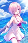  1girl :d bangs bare_shoulders blue_sky breasts cleavage cloud collarbone commentary_request day dress dress_swimsuit eyebrows_visible_through_hair fate/grand_order fate_(series) hair_over_one_eye highres horizon jacket large_breasts long_sleeves mash_kyrielight ocean off_shoulder open_clothes open_jacket open_mouth outdoors pink_hair purple_eyes sky sleeves_past_wrists smile solo sunlight swimsuit_of_perpetual_summer tomo_(user_hes4085) water white_dress white_jacket 