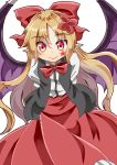  1girl arms_behind_back bangs bat_wings black_vest blonde_hair bow bowtie commentary_request cowboy_shot elis_(touhou) eyebrows_visible_through_hair facial_mark flower hair_between_eyes hair_bow hair_flower hair_ornament highres leaning_forward long_hair long_skirt long_sleeves looking_at_viewer open_clothes open_vest parted_bangs pink_eyes pointy_ears red_bow red_neckwear red_skirt shirt simple_background skirt smile solo standing star sugiyama_ichirou touhou touhou_(pc-98) very_long_hair vest white_background white_shirt wings 
