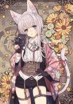  1girl animal_ear_fluff animal_ears belt belt_buckle black_shorts brown_belt buckle camera cat_ears cat_girl cat_tail checkered checkered_background collared_shirt commentary_request copyright_request corset floral_background flower grey_hair hand_on_hip holding holding_camera long_hair long_sleeves n_kamui neck_ribbon open_clothes orange_flower red_ribbon ribbon shirt short_shorts shorts sidelocks solo star tail tail_raised tail_ribbon twitter_username white_shirt wide_sleeves 