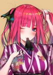  1girl adjusting_hair arms_up bangs black_ribbon blue_eyes blue_nails blunt_bangs blush breasts butterfly_hair_ornament closed_mouth eyebrows_visible_through_hair feng_yezi floral_print flower go-toubun_no_hanayome hair_ornament hair_ribbon hair_tie hair_tie_in_mouth holding japanese_clothes kimono looking_at_viewer mouth_hold nakano_nino obi one_eye_closed pink_hair red_hair ribbon sash shirt simple_background smile solo tying_hair upper_body wide_sleeves yukata 