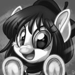  1:1 beret blush breaking_the_fourth_wall clothing equid equine fan_character glass hat headgear headwear hi_res horse izzy_(oc) looking_at_viewer mammal monochrome my_little_pony on_glass pony scarf solo whitediamonds 