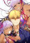  1boy 2girls bangs bare_shoulders bb_(fate)_(all) bb_(swimsuit_mooncancer)_(fate) bead_bracelet beads bikini black_gloves blonde_hair blue_shirt bracelet breasts choker cleavage closed_eyes closed_mouth collarbone collared_shirt dark_skin dress_shirt dual_persona earrings fate/grand_order fate_(series) fingerless_gloves gilgamesh gilgamesh_(caster)_(fate) gloves hair_ornament hair_ribbon hairband hand_gesture highres jewelry large_breasts long_hair looking_at_viewer multiple_girls neck_ribbon necklace open_mouth purple_bikini purple_eyes purple_hair purple_ribbon red_eyes ribbon shaded_face shirt short_hair simple_background smile star star_earrings star_hair_ornament swimsuit tan v very_long_hair white_background yatsuhashi_go 