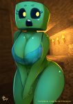  2019 bald big_breasts biped black_sclera bra breasts cleavage clothed clothing creeper english_text female front_view green_clothing green_skin hi_res humanoid humanoid_hands minecraft noseless open_mouth patreon portrait rizkitsuneki signature solo standing surprise text three-quarter_portrait underwear url video_games wide_hips yellow_eyes 
