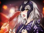  1girl bangs blue_kimono blush breasts command_spell fate/grand_order fate_(series) feeding floral_print hair_between_eyes hayama_kazusa headpiece hot_dog japanese_clothes jeanne_d&#039;arc_(alter)_(fate) jeanne_d&#039;arc_(fate)_(all) kimono large_breasts long_hair long_sleeves open_mouth silver_hair solo_focus tongue tongue_out very_long_hair yellow_eyes 