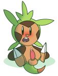  balls blush bodily_fluids cat-twink chespin cum genital_fluids male nintendo penis pok&eacute;mon pok&eacute;mon_(species) simple_background sitting solo tapering_penis video_games 