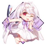  1girl ;p angel_wings arms_up bare_arms barefoot blood bloody_weapon chibi cleaver dress folded_leg gunjou_row holding holding_weapon lavender_background lavender_neckwear leaning_to_the_side long_hair looking_at_viewer one_eye_closed original outstretched_arm red_eyes silver_hair simple_background sleeveless sleeveless_dress solo tongue tongue_out two-tone_background v very_long_hair weapon white_background white_dress wings 