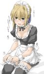  1girl ahoge alternate_costume apron artoria_pendragon_(all) black_legwear blonde_hair blush bra_strap breasts choker elf_(stroll_in_the_woods) enmaided fate/stay_night fate_(series) green_eyes hair_between_eyes highres lace lace-trimmed_choker lace-trimmed_legwear lace_trim maid maid_apron maid_headdress ribbon_choker saber small_breasts solo thighhighs thighs translation_request white_background 