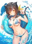  1girl animal_ear_fluff animal_ears armpits ass_visible_through_thighs bare_arms bare_shoulders bikini blue_bikini blue_hair blue_nails breasts brown_eyes brown_hair cat_ears cat_girl cat_tail cleavage closed_mouth commentary_request cowboy_shot dolphin fingernails fish hair_ribbon hand_up highres innertube jewelry leaning_forward long_hair looking_at_viewer medium_breasts multicolored_hair nail_polish navel necklace orange_eyes original ribbon rk_(rktorinegi) side-tie_bikini smile solo standing streaked_hair sweatband swimsuit tail tail_raised thighs w water white_background yellow_ribbon 