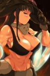  1girl bangs bare_shoulders bikini_top black_bikini_top black_hair black_headwear breasts cafekun cleavage commentary_request dark_background enen_no_shoubotai from_side hat holding holding_hat large_breasts looking_at_viewer looking_to_the_side maki_oze midriff muscle muscular_female o-ring o-ring_top purple_eyes solo standing stomach uniform upper_body 