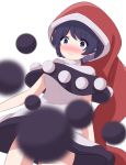  1girl :3 bangs black_capelet blue_eyes blue_hair blurry_foreground blush breasts capelet commentary cowboy_shot doremy_sweet dress eyebrows_visible_through_hair hat looking_at_viewer medium_breasts nightcap nose_blush pom_pom_(clothes) red_headwear short_hair simple_background solo standing thighs touhou white_background white_dress yukome 