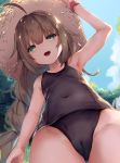  1girl :d ahoge arm_up bangs bare_arms bare_shoulders black_swimsuit blue_sky breasts brown_hair brown_headwear cameltoe cloud collarbone commentary_request covered_navel day dutch_angle eyebrows_visible_through_hair green_eyes groin hair_between_eyes hand_on_headwear hat highres kedama_milk long_hair looking_at_viewer looking_back old_school_swimsuit one-piece_swimsuit open_mouth original outdoors red_scrunchie school_swimsuit scrunchie sky small_breasts smile solo standing straw_hat swimsuit tree very_long_hair wrist_scrunchie 